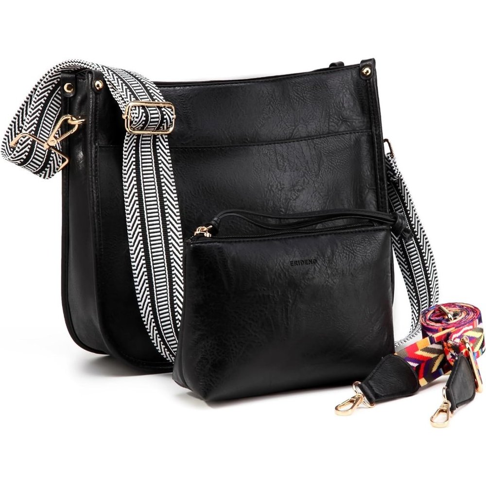 Women Black Trendy Vegan Faux Leather Shoulder Bag with 2 Guitar Strap